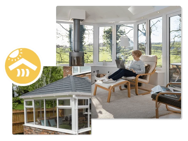 A Lady On Her Laptop In A Tiled Roof Conservatory